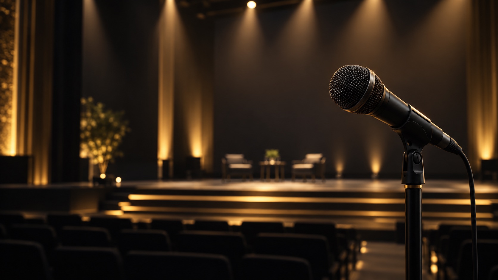 Ilustração de um microfone em palco de palestra